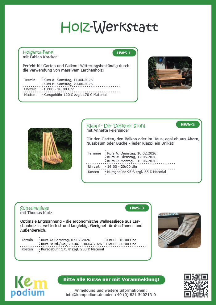 Aktuelle Holzwerkstatt Kurse in Kempodium in Kempten