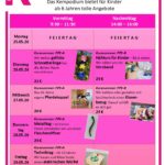 Flyer Kinderferienprogramm Pfingstferien 2026 im Kempodium Kempten: Übersicht der Kursangebote von Dienstag bis Freitag mit Filzen, Nähkurs, Pferdekoppel bauen, Batiken, Schmieden und Technik-Workshop.