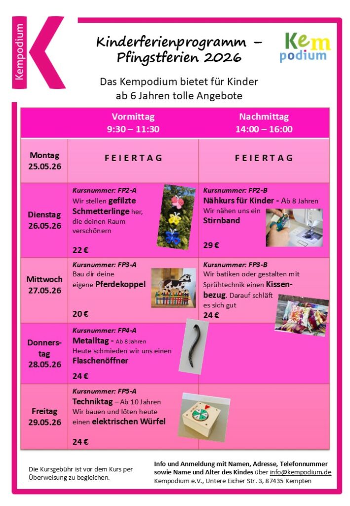 Ferienprogramm Pfingsten 2026 im Kempodium Kempten