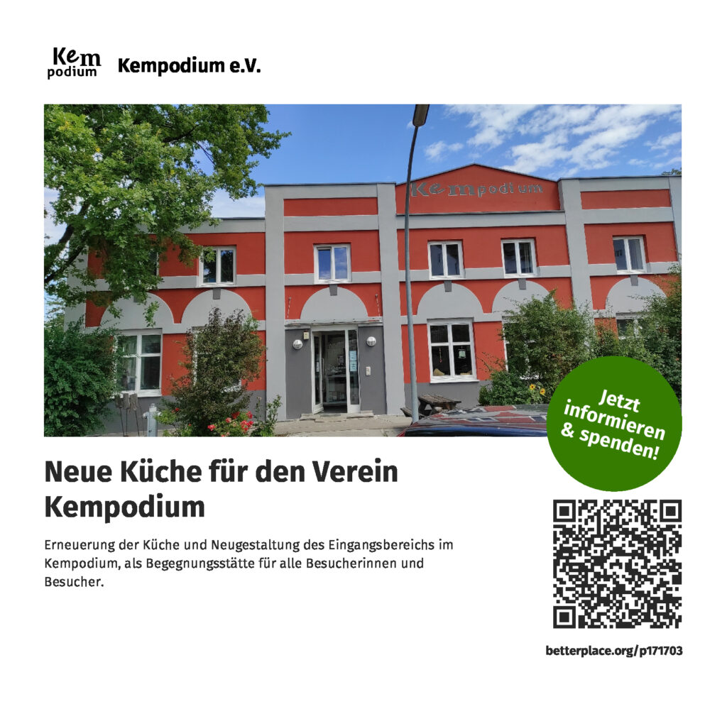 Im Kempodium wird die Café‑Küche im Eingangsbereich erneuert. Dank Spenden entsteht ein moderner Begegnungsort für Gäste, Kursteilnehmende und Ehrenamtliche.